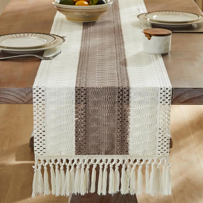 Macrame Style Bicolor Stitching Table Runner 14x90in Cocoa Brown | Woven Boho - Image 3