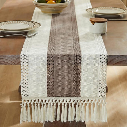 Macrame Style Bicolor Stitching Table Runner 14x90in Cocoa Brown | Woven Boho - Image 3