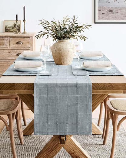 Linen Checked Farmhouse Table Runner, 13x72 Inches Chambray | Raised Grid Design - Image 2