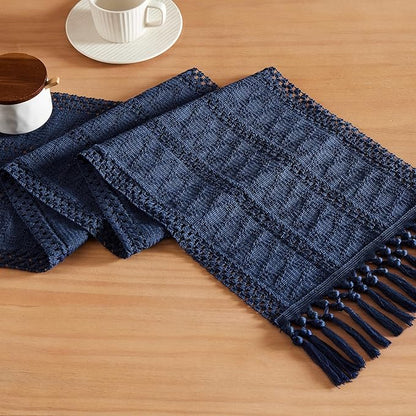 Macrame Style Boho Table Runner, 12x36 Inch Navy Blue | Woven Boho Table Runner by ZEEMARTONLINE