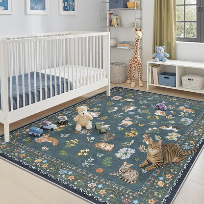 Soalmost Cat 5x7 Area Rugs for Living Room, Machine Washable Animal Floral - Image 2