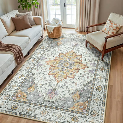 RELEANY Area Rugs 5'x8' Washable Non-Slip, Floral Vintage Distress Medallion by RELEANY