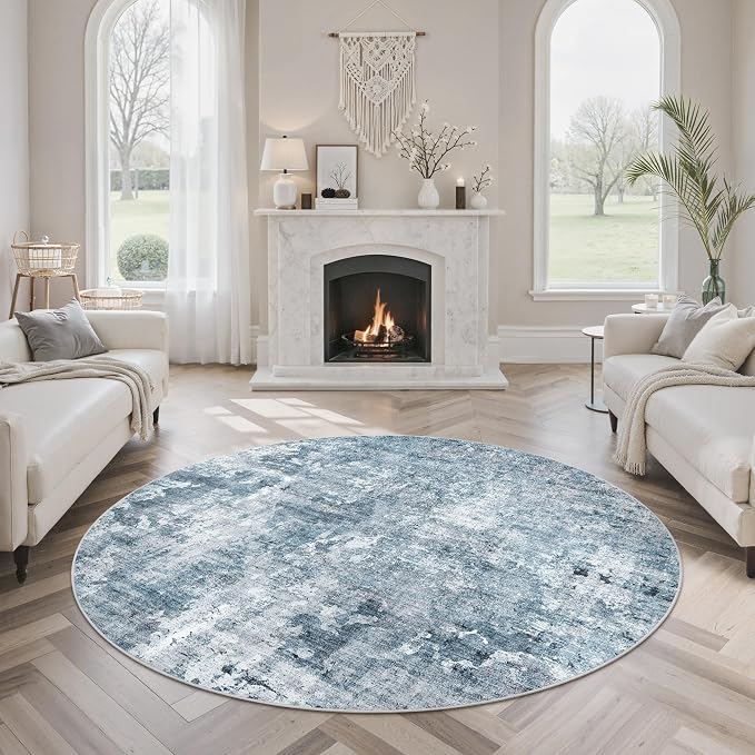 Soalmost 5x5 Blue/Grey Round Rug 5ft Living Room Circle Rug Vintage Round Area - Image 4