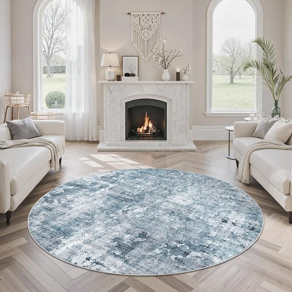 Soalmost 5x5 Blue/Grey Round Rug 5ft Living Room Circle Rug Vintage Round Area - Image 4