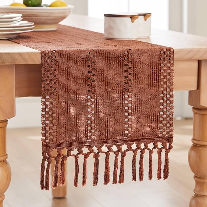 Macrame Style Boho Table Runner, 12x48 Inch Terracotta | Woven Boho Table Runner - Image 7