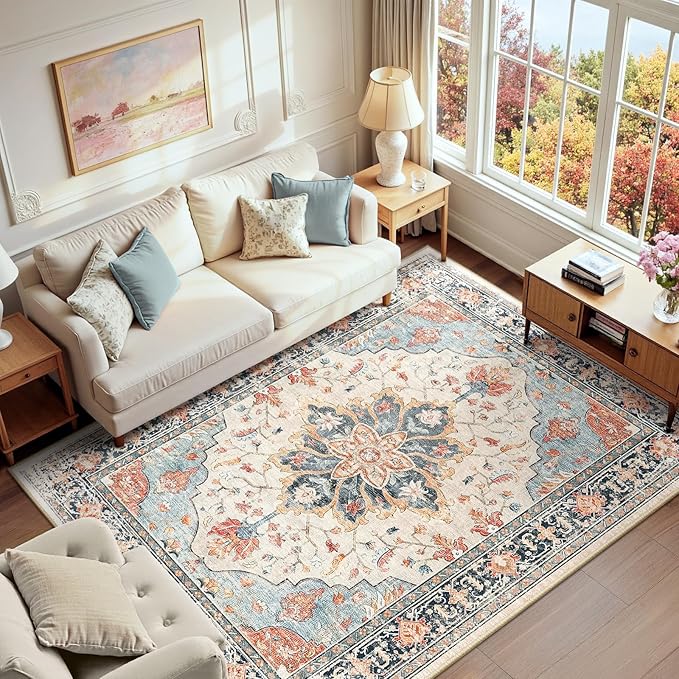 RELEANY Area Rugs 6'x9' Washable Non-Slip, Floral Vintage Distress Medallion by RELEANY