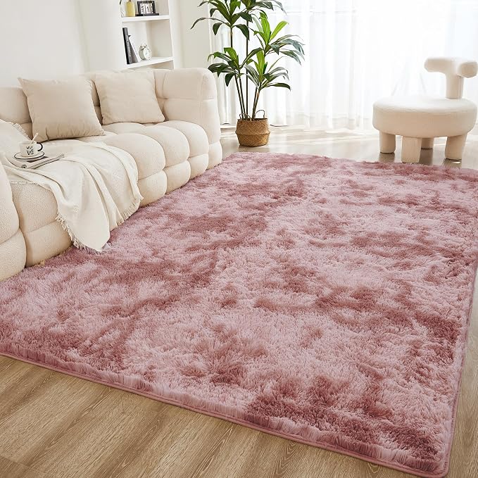 Litanika 9x12 Shag Area Rug for Living Room Bedroom, Tie-Dyed Dusty Pink High by Litanika