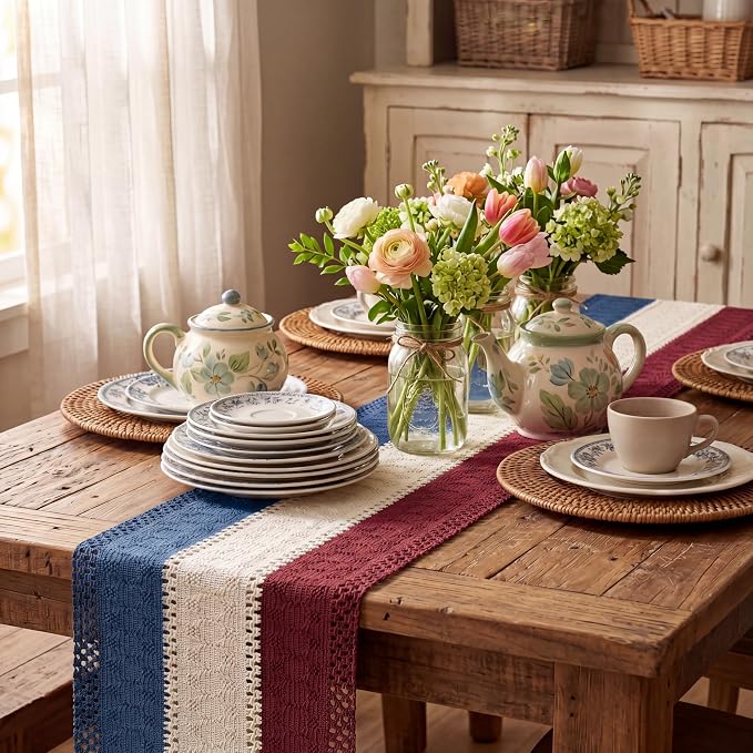 Artoid Mode Blue Beige Red Farmhouse Rustic Table Runner 12x72 Inch | Holiday - Image 4