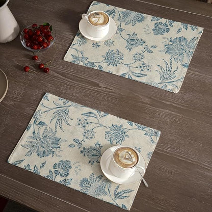 JINCHAN Sliva Linen Floral Placemats Set of 4 Farmhouse 13x19 Inch Blue | - Image 2