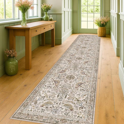 Moss Green 3x12 Wide Hallway Runner Rug, Vintage Brown Taupe Floral Design by HazoHaus