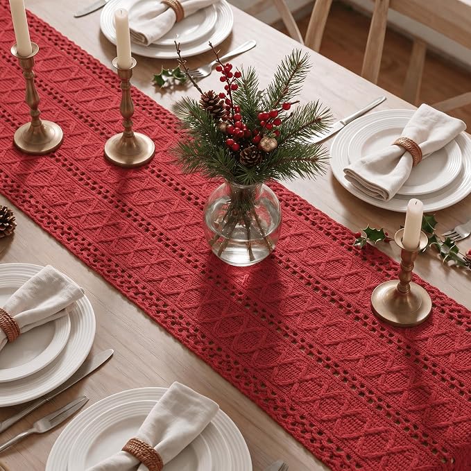 Artoid Mode Rose Red Woven Farmhouse Hollow Table Runner 12x36 Inch | Holiday - Image 4