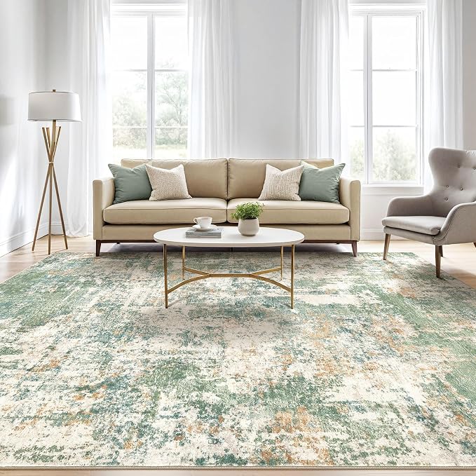 Area Rugs 9x12 Living Room: Washable Large Abstract Soft Green Rug Stain - Image 5