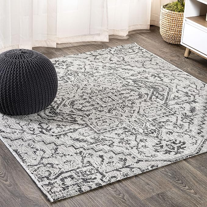JONATHAN Y Boho Medallion Indoor Outdoor Square Area Rug 3X3 Black/Gray by JONATHANY