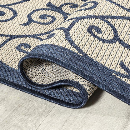 JONATHAN Y Vintage Filigree Indoor Outdoor Round Area Rug 5 Ft Navy/Beige - Image 5