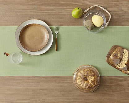 Linen Textured Border Table Runner, 14 x 90 Inch Green | Mitered Corner Design - Image 4