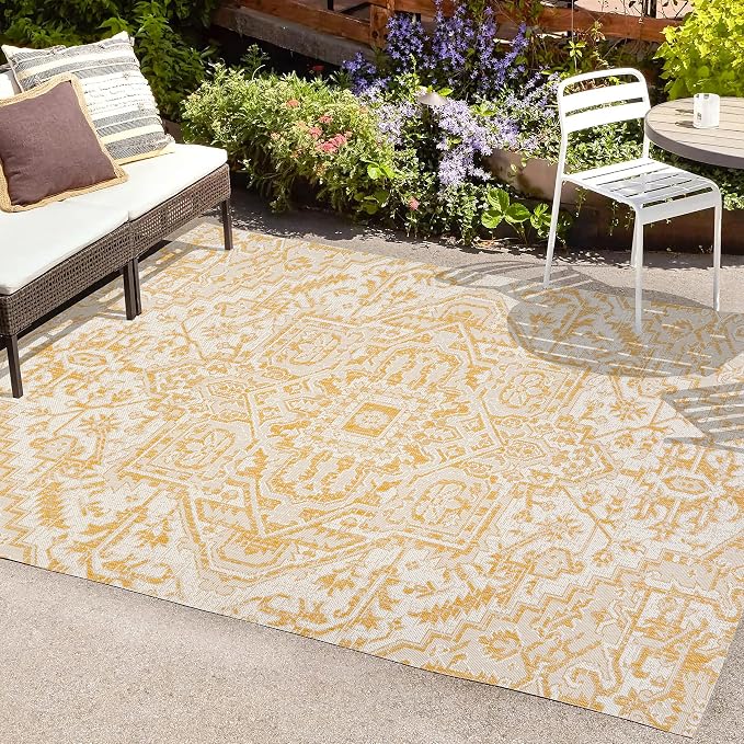 JONATHAN Y Boho Medallion Indoor Outdoor Area Rug 5X8 Cream/Yellow, Estrella - Image 4