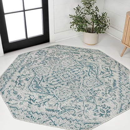 JONATHAN Y Boho Medallion Indoor Outdoor Octagon Area Rug 5 Ft Teal/Gray by JONATHANY