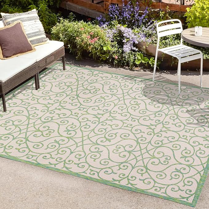 JONATHAN Y Vintage Filigree Indoor Outdoor Area Rug 8X10 Cream/Green, Madrid - Image 4