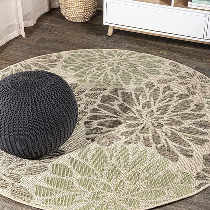 JONATHAN Y Floral Textured Weave Indoor Outdoor Round Area Rug 5 Ft Sage/Brown by JONATHANY
