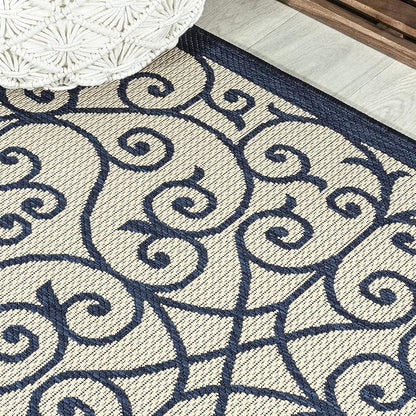 JONATHAN Y Vintage Filigree Indoor Outdoor Round Area Rug 5 Ft Navy/Beige - Image 3