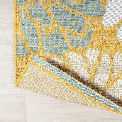 JONATHAN Y Floral Textured Weave Indoor Outdoor Round Area Rug 5 Ft Yellow/Cream - Image 5