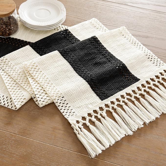 Macrame Style Bicolor Stitching Table Runner 14x48in Black | Woven Boho Table - Image 7
