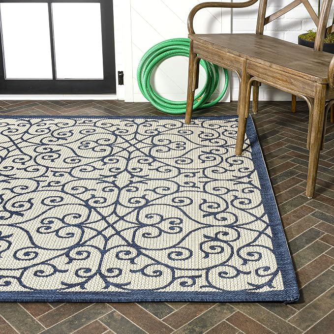 JONATHAN Y Vintage Filigree Indoor Outdoor Area Rug 5X8 Navy/Beige, Madrid - Image 10