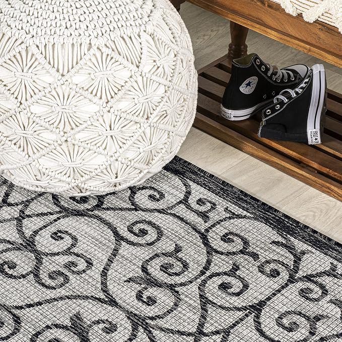 JONATHAN Y Vintage Filigree Indoor Outdoor Round Area Rug 8 Ft Light Gray/Black - Image 6