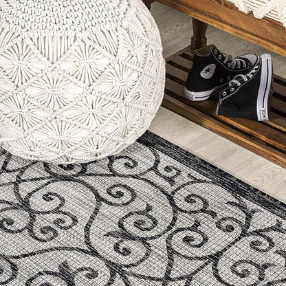 JONATHAN Y Vintage Filigree Indoor Outdoor Round Area Rug 8 Ft Light Gray/Black - Image 6