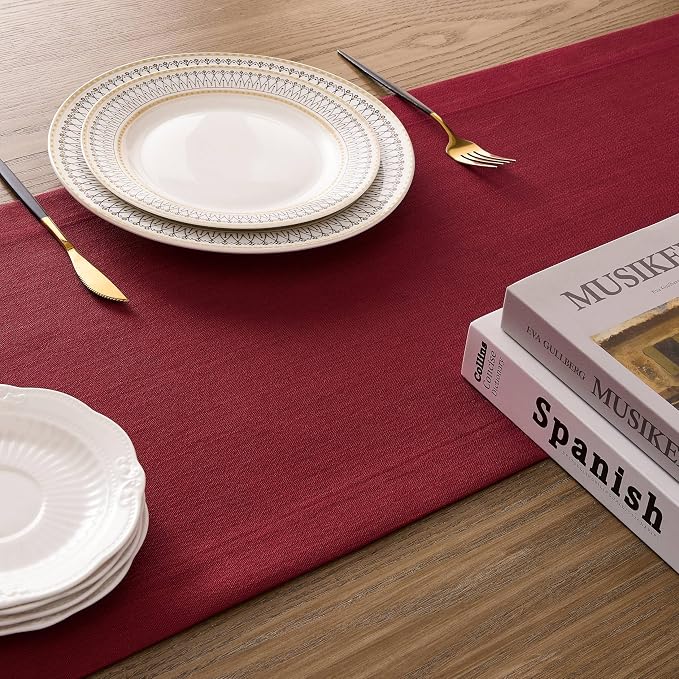 Linen Textured Border Table Runner, 14 x 72 Inch Red | Mitered Corner Design - Image 5