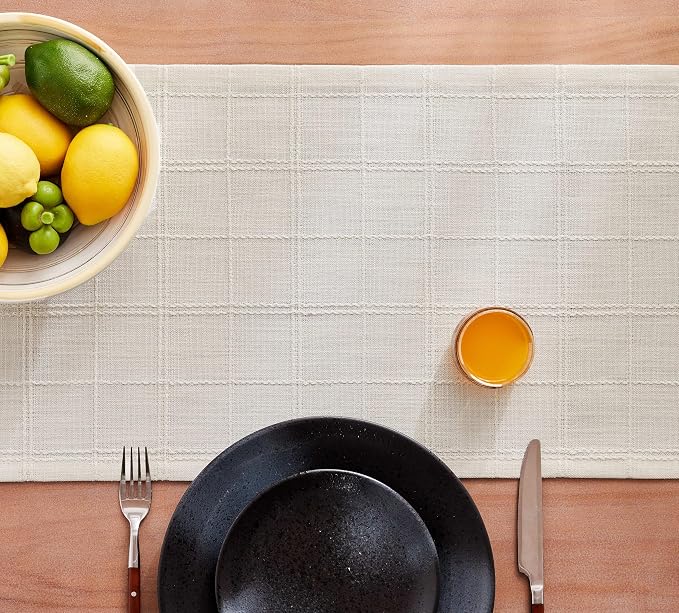 Linen Checked Farmhouse Table Runner, 13x36 Inches Ivory | Raised Grid Design - Image 7