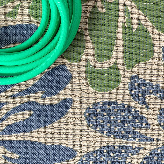 JONATHAN Y Floral Textured Weave Indoor Outdoor Round Area Rug 6 Ft Navy/Green - Image 4