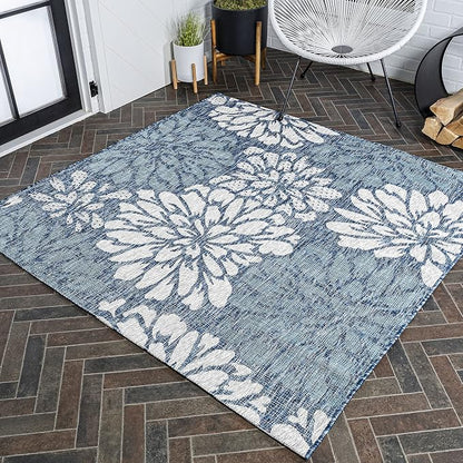 JONATHAN Y Floral Textured Weave Indoor Outdoor Square Area Rug 6X6 Navy/Aqua by JONATHANY