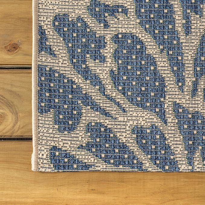 JONATHAN Y Floral Textured Weave Indoor Outdoor Square Area Rug 5X5 Navy/Green - Image 7