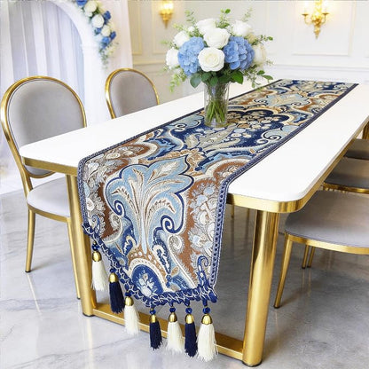 Victorian Jacquard Table Runner 63" Navy Blue - Image 7