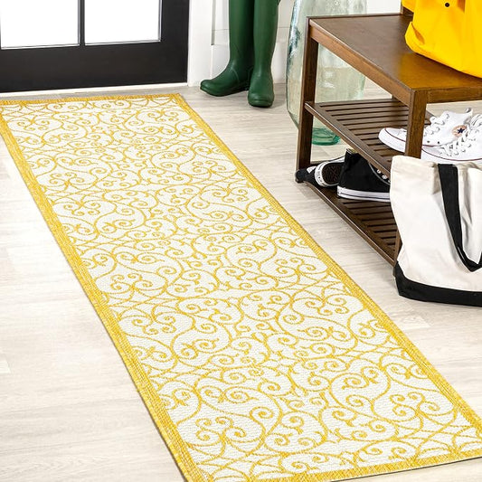 JONATHAN Y Vintage Filigree Indoor Outdoor Runner Rug 2X8 Cream/Yellow by JONATHANY