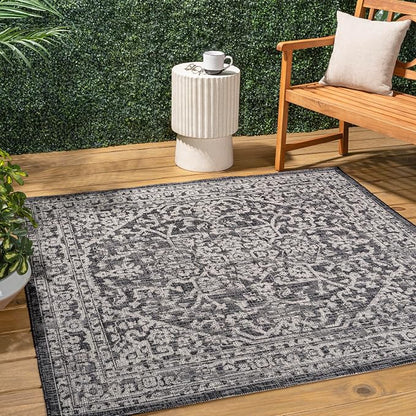 JONATHAN Y Boho Medallion Indoor Outdoor Square Area Rug 5X5 Black/Gray by JONATHANY