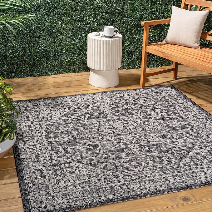 JONATHAN Y Boho Medallion Indoor Outdoor Square Area Rug 4X4 Black/Gray by JONATHANY