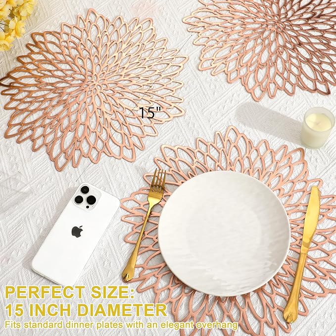 Set of 18 Round Placemats Rose Gold, Heat-Resistant PVC Table Mats - Image 4