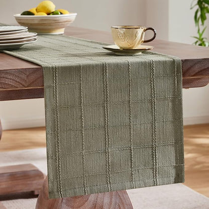 Linen Checked Farmhouse Table Runner, 13x90 Inches Olive | Raised Grid Design - Image 4