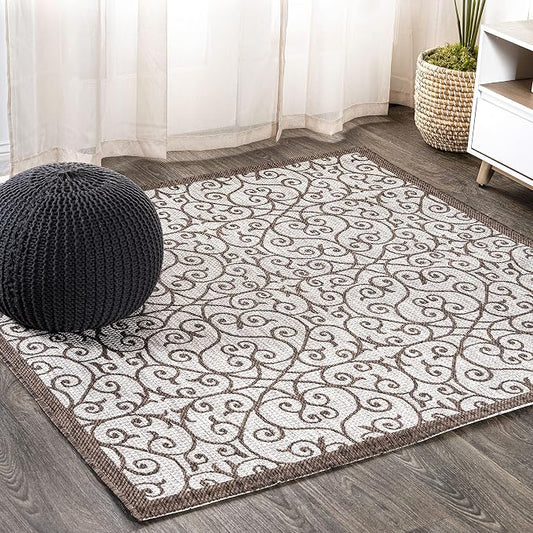 JONATHAN Y Vintage Filigree Indoor Outdoor Square Area Rug 5X5 Taupe/Espresso by JONATHANY