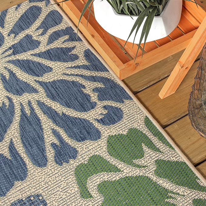 JONATHAN Y Floral Textured Weave Indoor Outdoor Round Area Rug 4 Ft Navy/Green - Image 4