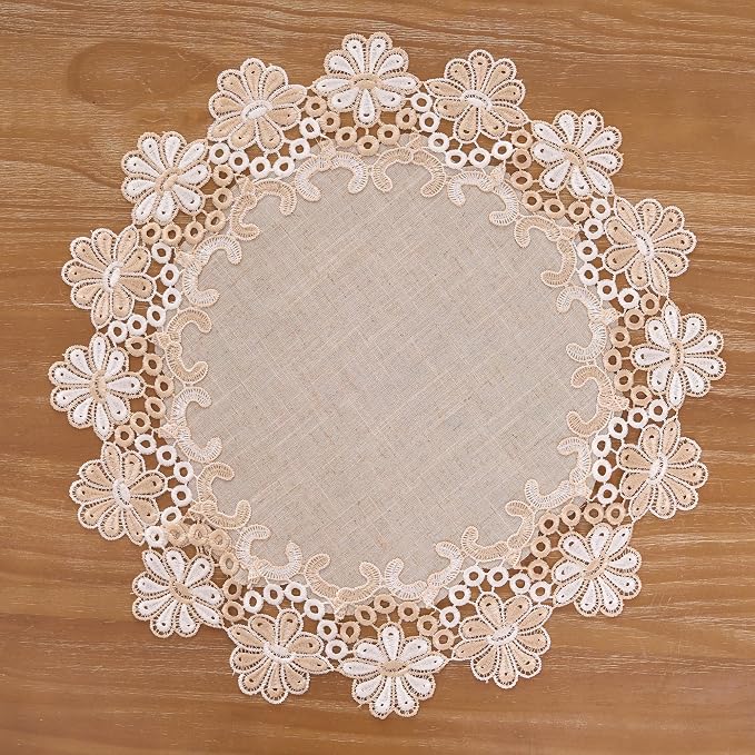 European Antique Jacquard Lace Table Doilies, Small Farmhouse Linen Embroidered - Image 9