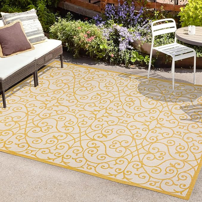 JONATHAN Y Vintage Filigree Indoor Outdoor Area Rug 8X10 Cream/Yellow, Madrid - Image 4