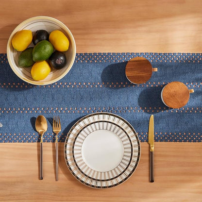 Macrame Style Boho Table Runner, 12x36 Inch Dusty Blue | Woven Boho Table Runner - Image 4