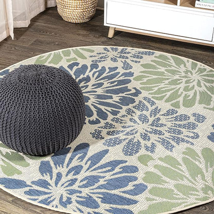 JONATHAN Y Floral Textured Weave Indoor Outdoor Round Area Rug 4 Ft Navy/Green by JONATHANY