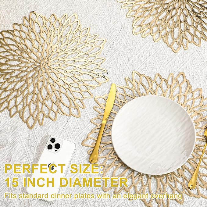 Set of 12 Round Placemats Gold, Heat-Resistant PVC Table Mats - Image 5