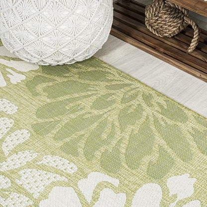 JONATHAN Y Floral Textured Weave Indoor Outdoor Round Area Rug 5 Ft Green/Cream - Image 3