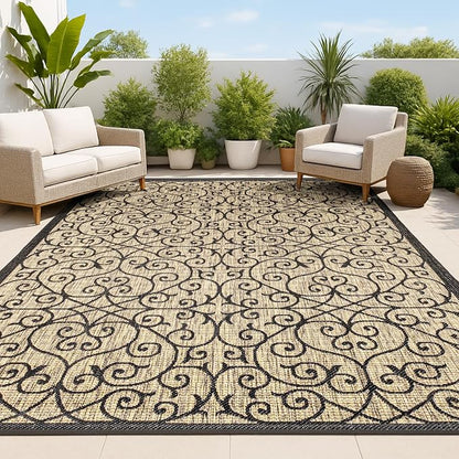 JONATHAN Y Vintage Filigree Indoor Outdoor Area Rug 5X8 Black/Khaki, Madrid by JONATHANY