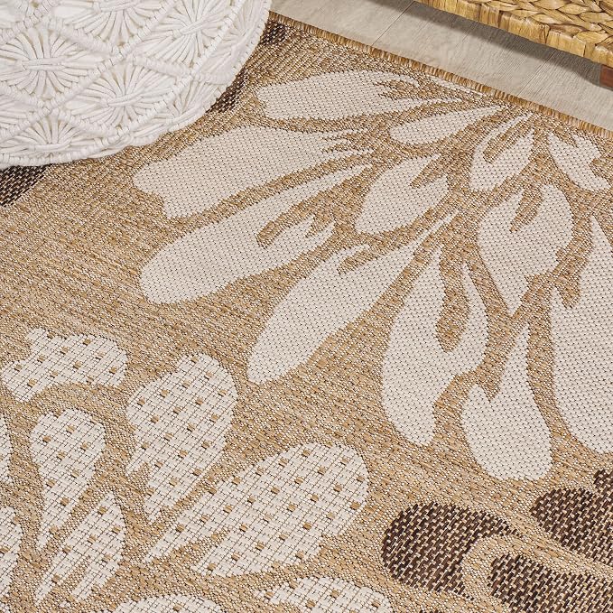 JONATHAN Y Floral Textured Weave Indoor Outdoor Round Area Rug 4 Ft Brown/Cream - Image 6